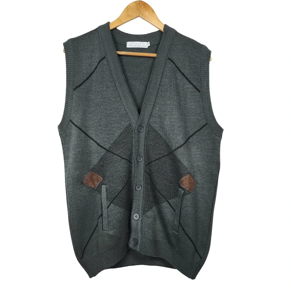 Paolo Andretti Cardigan Sweater Vest Large Green Argyle Knit Golf Grandpa Preppy